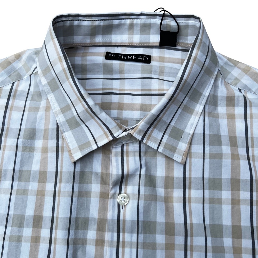 NWT enTHREAD Organic Cotton Men's XL Tan, Grey, White Plaid LS Shirt Button Down